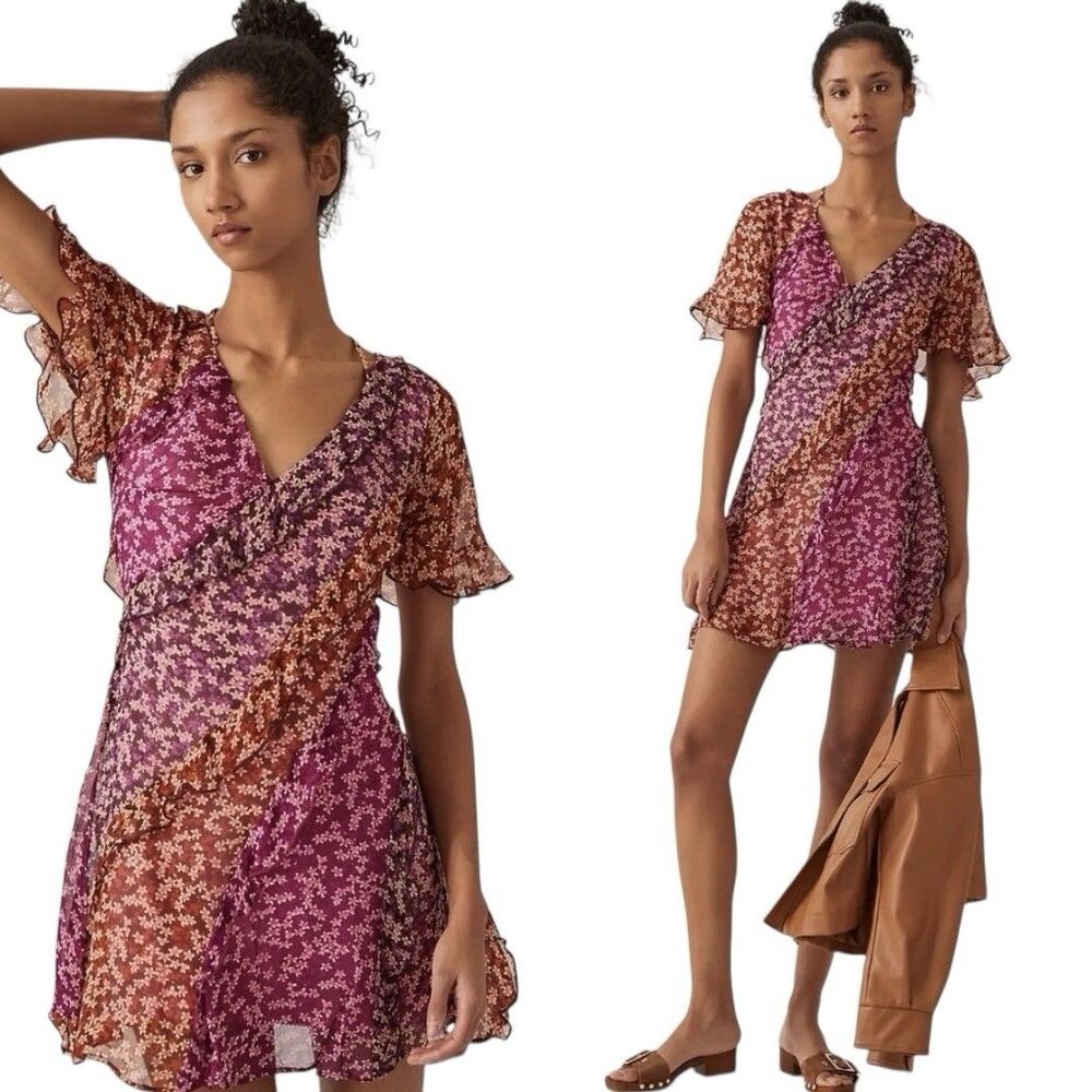 Anthropologie Floral Chiffon Mini Dress Ruffle Boho Fairycore Purple Fall Medium